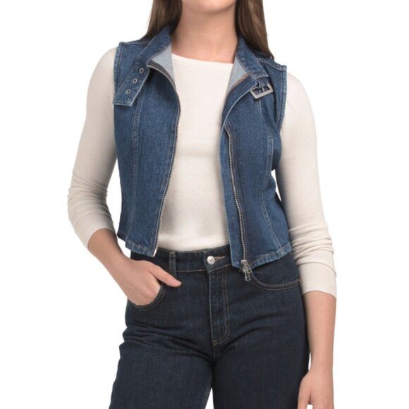 WARP + WEFT Denim Cropped Vest With Front Zip Closure - Picture 2 of 3